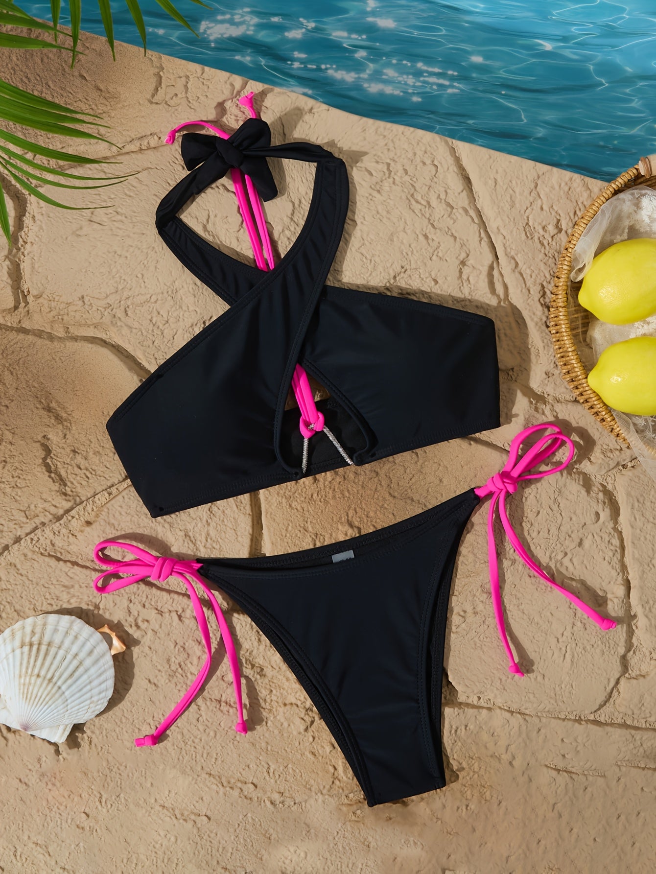 2025 Sexy Black Swimsuit with Raspberry Drawstrings — Boldness and Elegance in One!