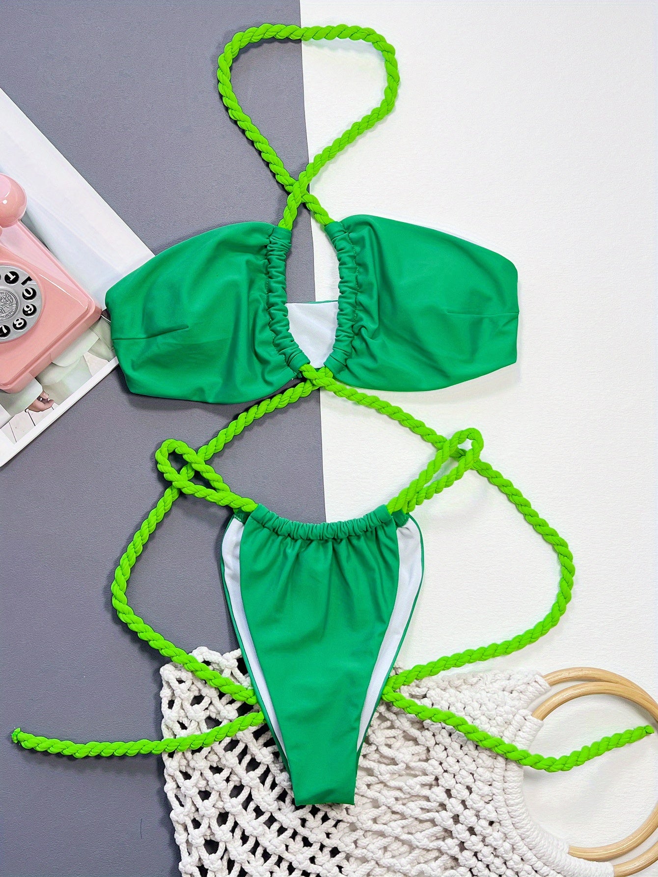 Sexy Green Halter Bikini Set with Thong Bottom