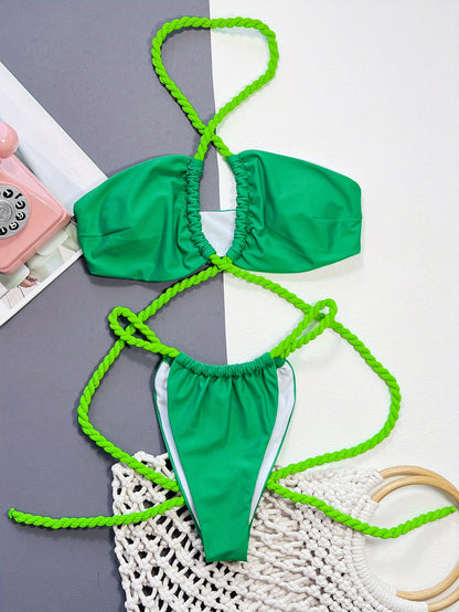 Sexy Green Halter Bikini Set with Thong Bottom