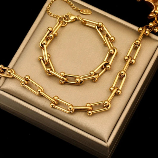 Gold Color Thick Chain Necklace and Bracelet