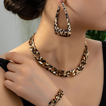 Fashion Jewelry Set. Geometric Leopard Print. Earring, Necklace, Punk Chains, Bracelet