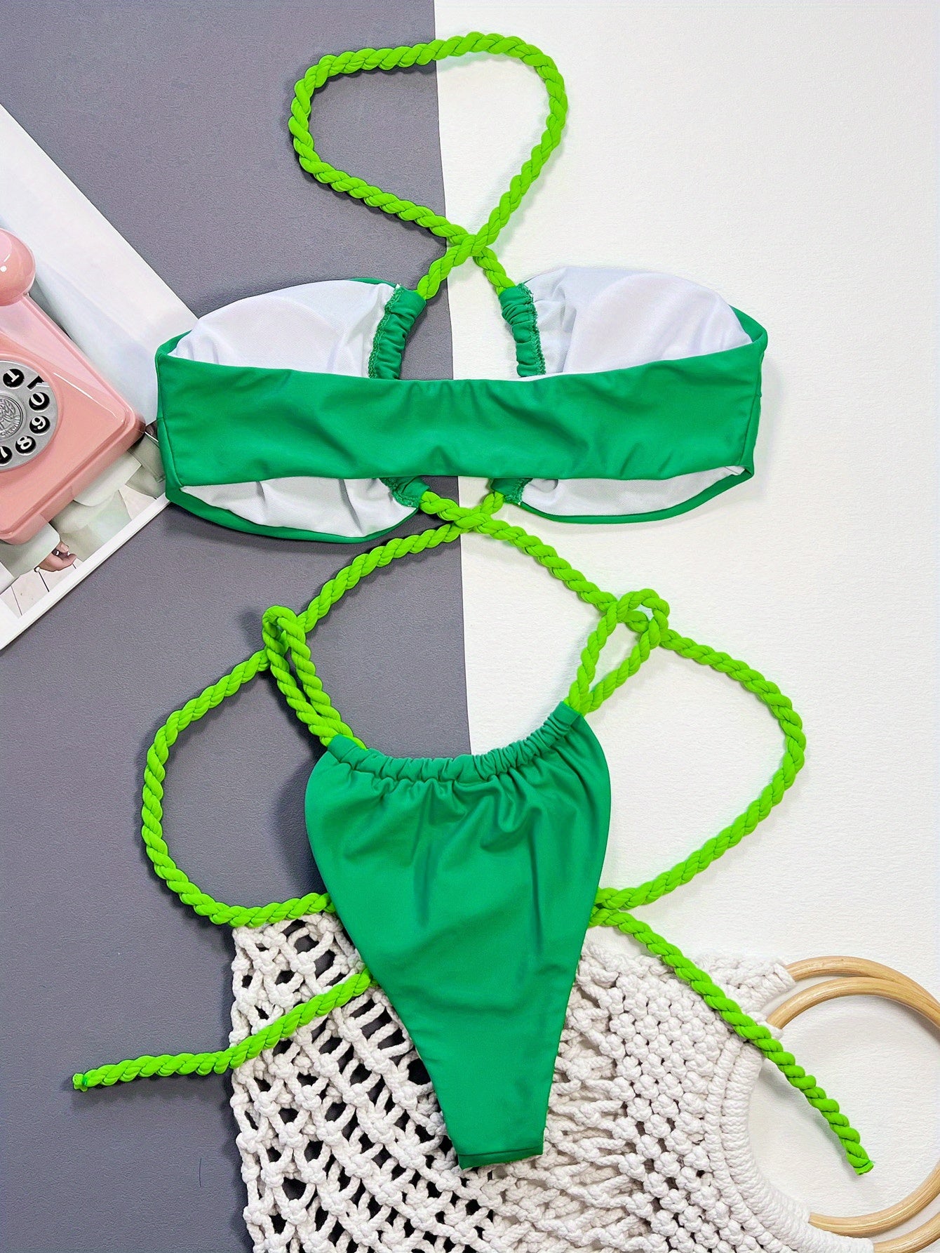 Sexy Green Halter Bikini Set with Thong Bottom
